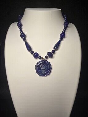 Lapis Lazuli Blue Carved Rose Pendant Necklace With Carved Sapphires
